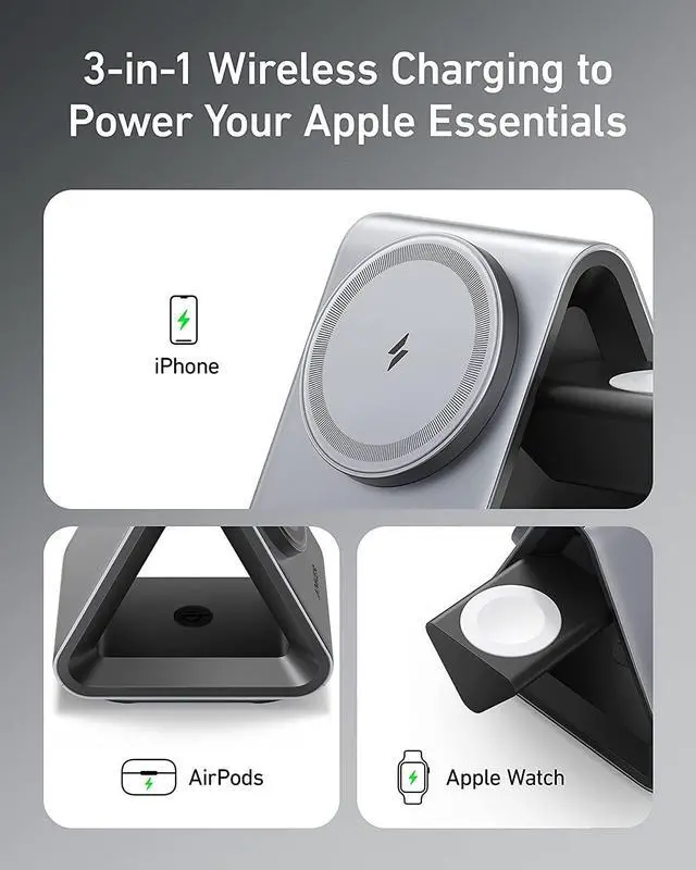 Alt view image 3 of 7 - MagSafe Charger, Anker 737 MagGo Charger (3-in-1 Station) with MFi-Certified 15W Max Fast Charging, for iPhone 14/13 / 12 Series, Apple Watch S8 / 7/6, AirPods 3 / Pro (30W USB-C Charger Included)