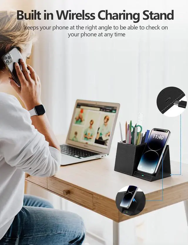 Alt view image 3 of 7 - Desk Supplies Organizer, Multi-Functional Pencil Pen Holder with Wireless Charger, Desktop Stationery Organizer, Home Office Supply Storage Box Caddy (Black)