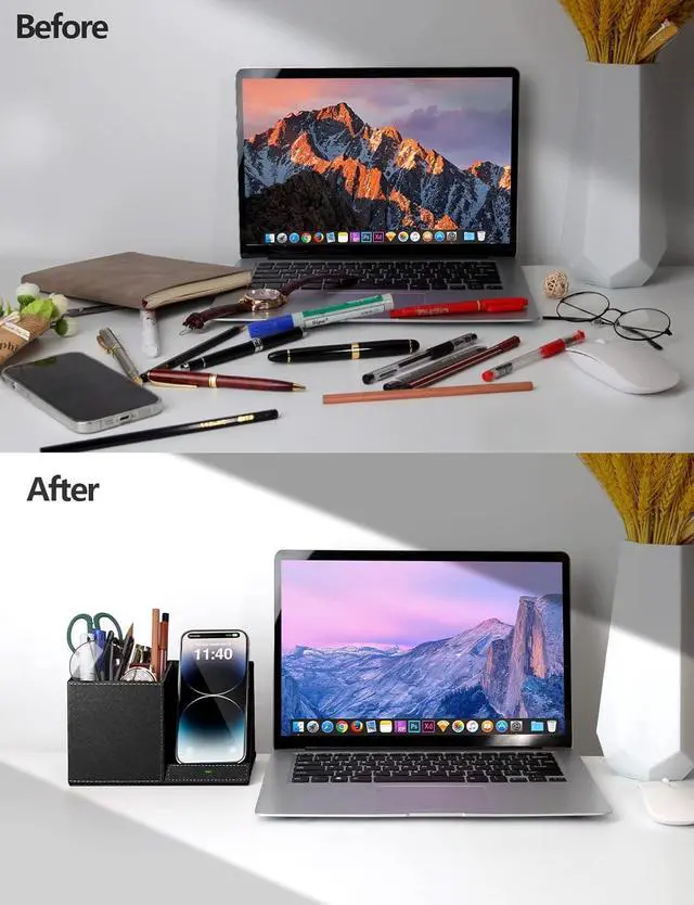 Alt view image 2 of 7 - Desk Supplies Organizer, Multi-Functional Pencil Pen Holder with Wireless Charger, Desktop Stationery Organizer, Home Office Supply Storage Box Caddy (Black)
