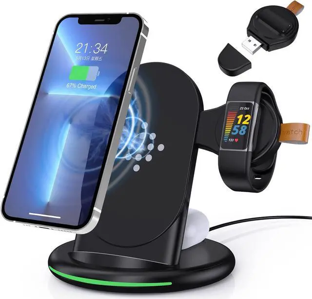 Main image of 3 in 1 Wireless Charger for Fitbit Charge 6/5/Fitbit Luxe,Wireless Charging Station Compatible for iPhone 14/12 Pro Max/13/11/8, for  Galaxy S22+ S22, for AirPods Pro/3 (Black)