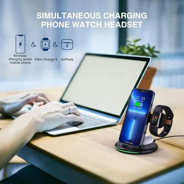 Alt view image 4 of 7 - 3 in 1 Charger for Fitbit Charge 5/Charge 6/Luxe, Charging Station for iPhone 15/14/13 Pro Max/12/11/8, for Samsung Galaxy S23 S22+ S22, for AirPods Pro/3&Galaxy Buds Pro
