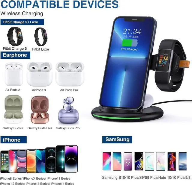Alt view image 2 of 7 - 3 in 1 Charger for Fitbit Charge 5/Charge 6/Luxe, Charging Station for iPhone 15/14/13 Pro Max/12/11/8, for Samsung Galaxy S23 S22+ S22, for AirPods Pro/3&Galaxy Buds Pro
