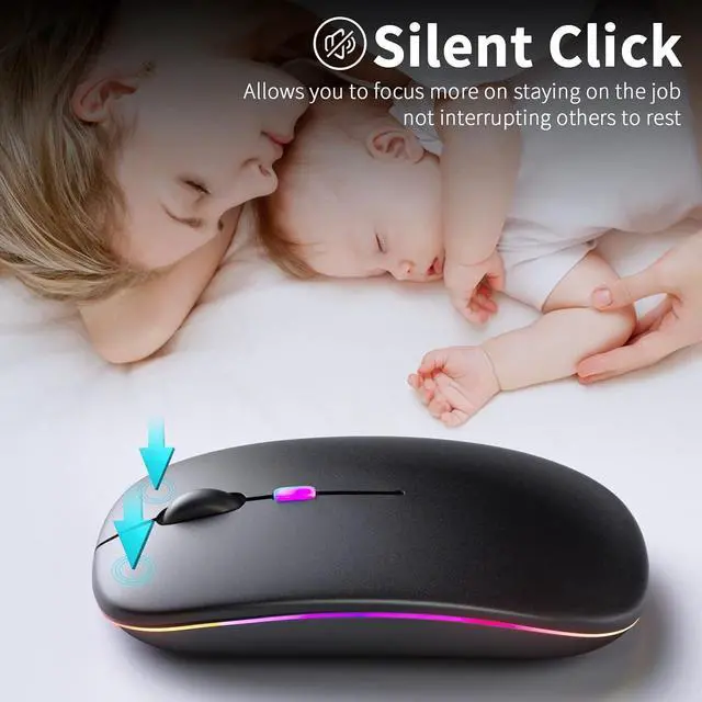 Alt view image 2 of 7 - Wireless Bluetooth Mouse C Rechargeable Silent Dual Mode (Bluetooth 5.2 & USB) with LED Lights C Portable for Laptop Desktop & Tablet(Black)