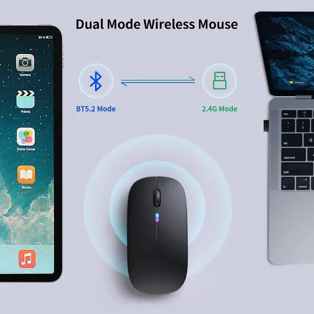 Alt view image 4 of 7 - Wireless Bluetooth Mouse C Rechargeable Silent Dual Mode (Bluetooth 5.2 & USB) with LED Lights C Portable for Laptop Desktop & Tablet(Black)