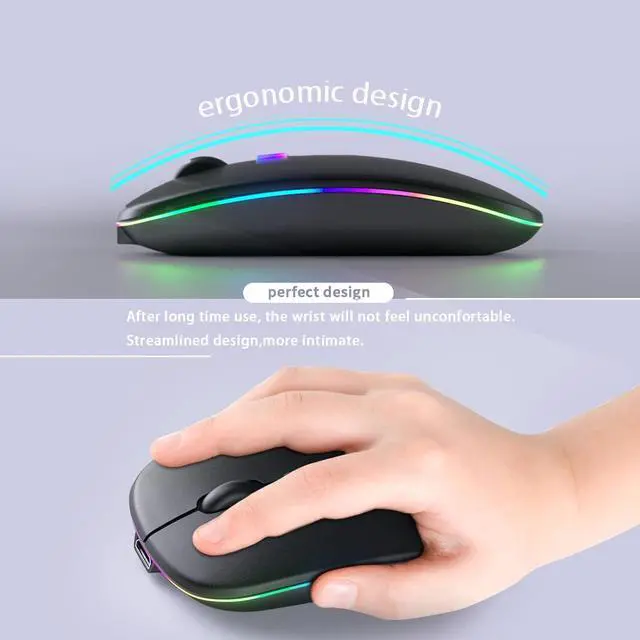 Alt view image 5 of 7 - Wireless Bluetooth Mouse C Rechargeable Silent Dual Mode (Bluetooth 5.2 & USB) with LED Lights C Portable for Laptop Desktop & Tablet(Black)