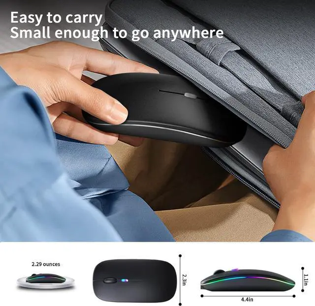 Alt view image 6 of 7 - Wireless Bluetooth Mouse C Rechargeable Silent Dual Mode (Bluetooth 5.2 & USB) with LED Lights C Portable for Laptop Desktop & Tablet(Black)