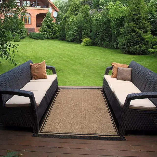 Alt view image 2 of 7 - Gertmenian Indoor/Outdoor Flatweave Area Rug - 5x7 Standard, Stain & UV Resistant, Ideal For Deck, Patio, Poolside, Mudroom - Simple Border, Black Tan, 21490