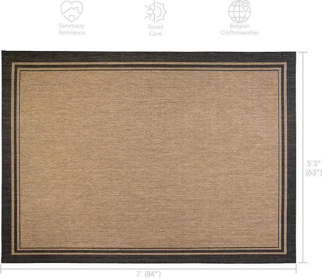 Alt view image 7 of 7 - Gertmenian Indoor/Outdoor Flatweave Area Rug - 5x7 Standard, Stain & UV Resistant, Ideal For Deck, Patio, Poolside, Mudroom - Simple Border, Black Tan, 21490