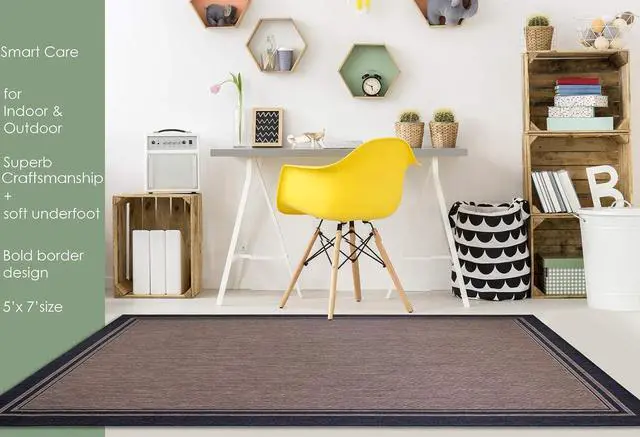 Alt view image 6 of 7 - Gertmenian Indoor/Outdoor Flatweave Area Rug - 5x7 Standard, Stain & UV Resistant, Ideal For Deck, Patio, Poolside, Mudroom - Simple Border, Black Tan, 21490