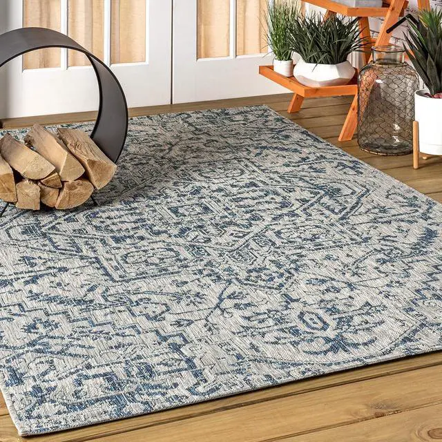 Alt view image 6 of 6 - JONATHAN Y Boho Medallion Indoor Outdoor Area Rug 4X6 Navy/Gray, Estrella Textured Weave for Backyard, Patio, Porch, Easy-Cleaning, High Traffic, Pet-Friendly, Non-Shedding (SMB105B-4)