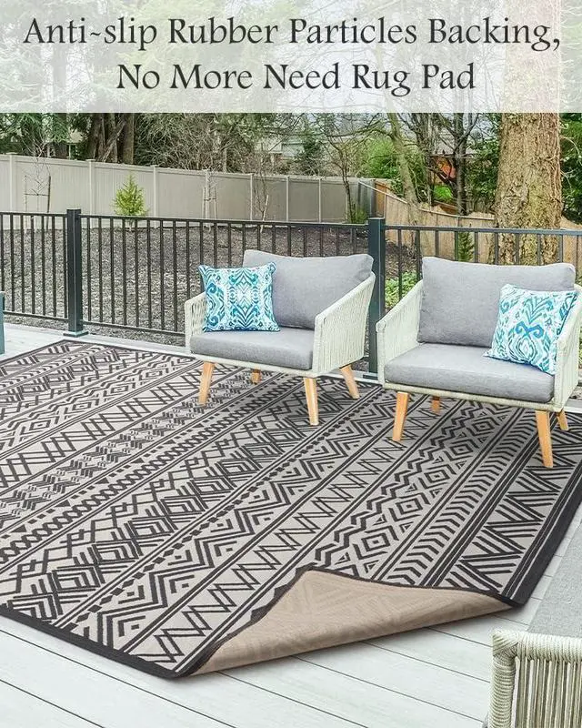 Alt view image 3 of 7 - Outdoor Rug Carpet 6x9 ft, Flatweave Textured Outdoor Patio Rug Non Slip Indoor Outdoor Rugs with Rubber Particles Backing Boho Outdoor Area Rug for Patio Deck Front Porch Backyard Balcony