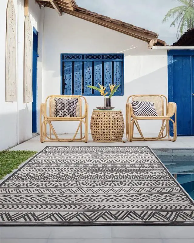 Alt view image 5 of 7 - Outdoor Rug Carpet 6x9 ft, Flatweave Textured Outdoor Patio Rug Non Slip Indoor Outdoor Rugs with Rubber Particles Backing Boho Outdoor Area Rug for Patio Deck Front Porch Backyard Balcony