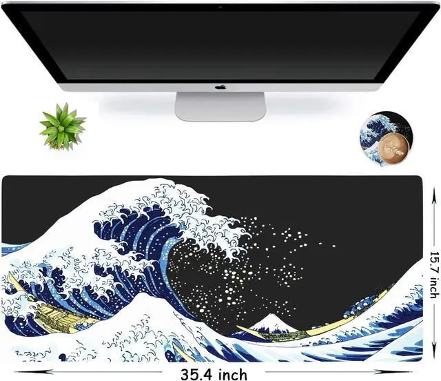 Alt view image 2 of 6 - Japanese Sea Wave Large Mouse Pad Extended Gaming Mouse Pad Non-Slip Water-Resistant Rubber Base Desk Mat 35.1x15.75inch XXL Large Anime Mouse Pad for Desk Computer