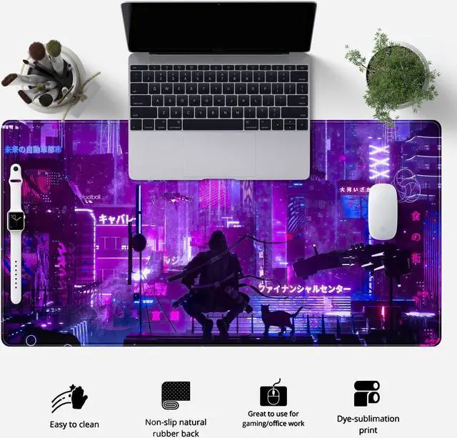 Alt view image 2 of 6 - Anime Neon Mouse Pad Purple City Gaming Desk Big Cute Kawaii Pink Extended Mouse Pad Gaming,Office Keyboard Pc Laptop Mousepad Large 31.5x15.7 in-with Stitched Eges Non-Slip Base Mouse Pads Mat