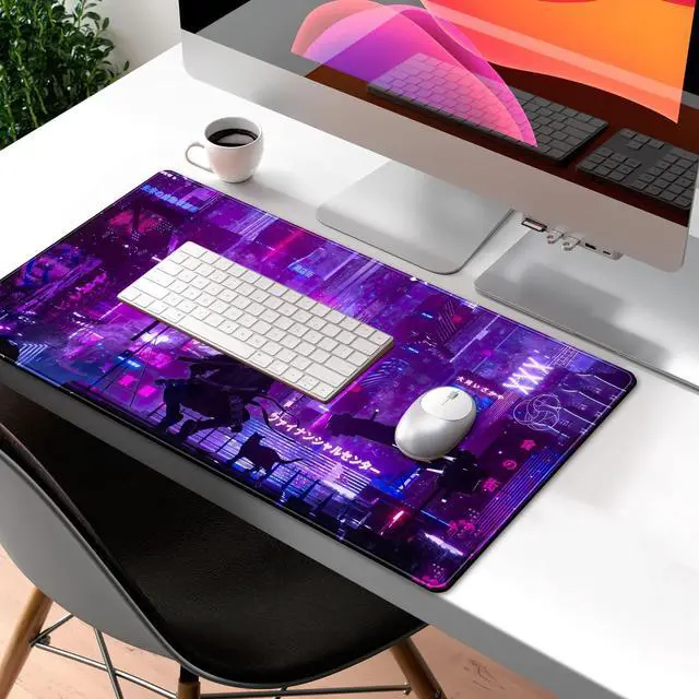 Alt view image 3 of 6 - Anime Neon Mouse Pad Purple City Gaming Desk Big Cute Kawaii Pink Extended Mouse Pad Gaming,Office Keyboard Pc Laptop Mousepad Large 31.5x15.7 in-with Stitched Eges Non-Slip Base Mouse Pads Mat