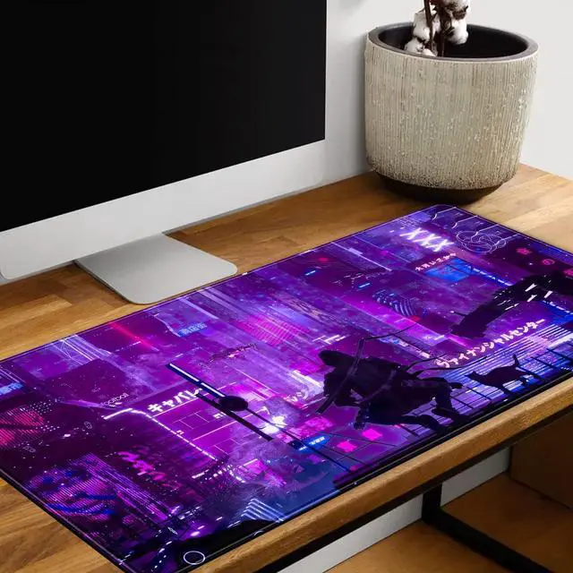 Alt view image 5 of 6 - Anime Neon Mouse Pad Purple City Gaming Desk Big Cute Kawaii Pink Extended Mouse Pad Gaming,Office Keyboard Pc Laptop Mousepad Large 31.5x15.7 in-with Stitched Eges Non-Slip Base Mouse Pads Mat