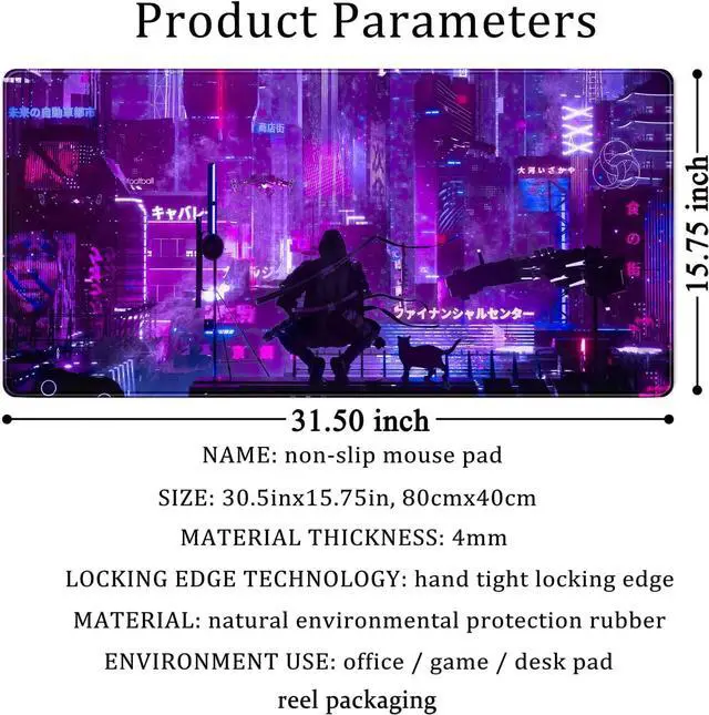 Alt view image 6 of 6 - Anime Neon Mouse Pad Purple City Gaming Desk Big Cute Kawaii Pink Extended Mouse Pad Gaming,Office Keyboard Pc Laptop Mousepad Large 31.5x15.7 in-with Stitched Eges Non-Slip Base Mouse Pads Mat