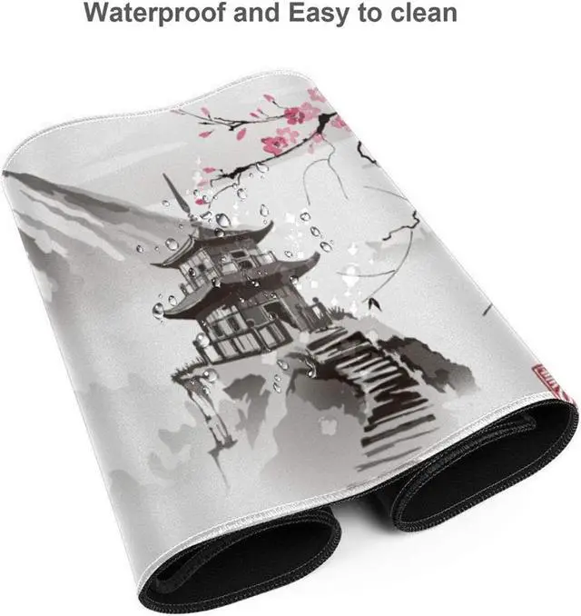 Alt view image 4 of 6 - Japanese Cherry Blossom White Gaming Mouse Pad XL Extended Large Mouse Mat Desk Pad Stitched Edges Mousepad Long Nonslip Rubber Base Mice Pad 31.5 X 11.8 Inch