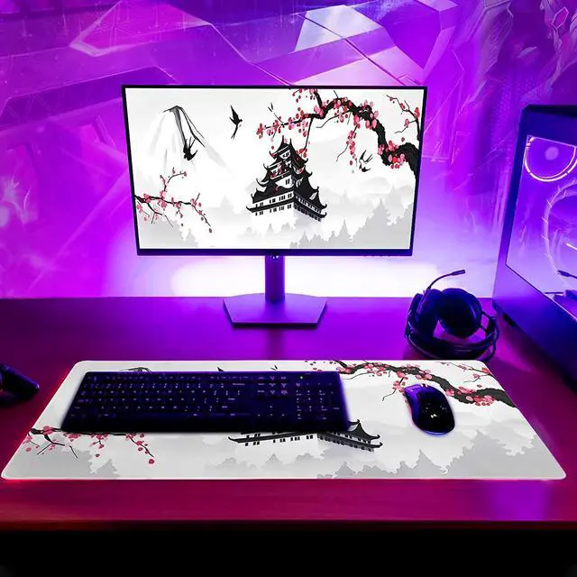 Alt view image 3 of 7 - Japanese Cherry Blossom Gaming Mouse Pad 31.5 X 11.8 Inch Japanese Pagoda Sakura White Anime Large Mousepad Non-Slip Rubber Base Stitched Edges Keyboard Mouse Mat Desk Pad for Office Home Game