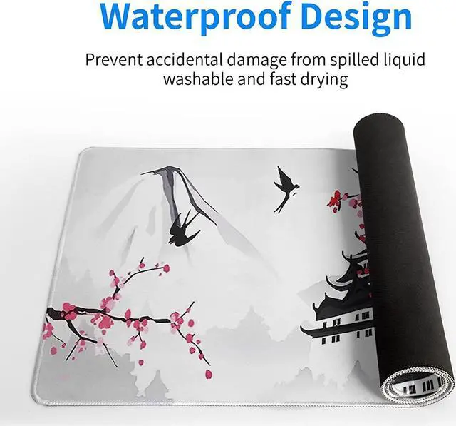 Alt view image 4 of 7 - Japanese Cherry Blossom Gaming Mouse Pad 31.5 X 11.8 Inch Japanese Pagoda Sakura White Anime Large Mousepad Non-Slip Rubber Base Stitched Edges Keyboard Mouse Mat Desk Pad for Office Home Game