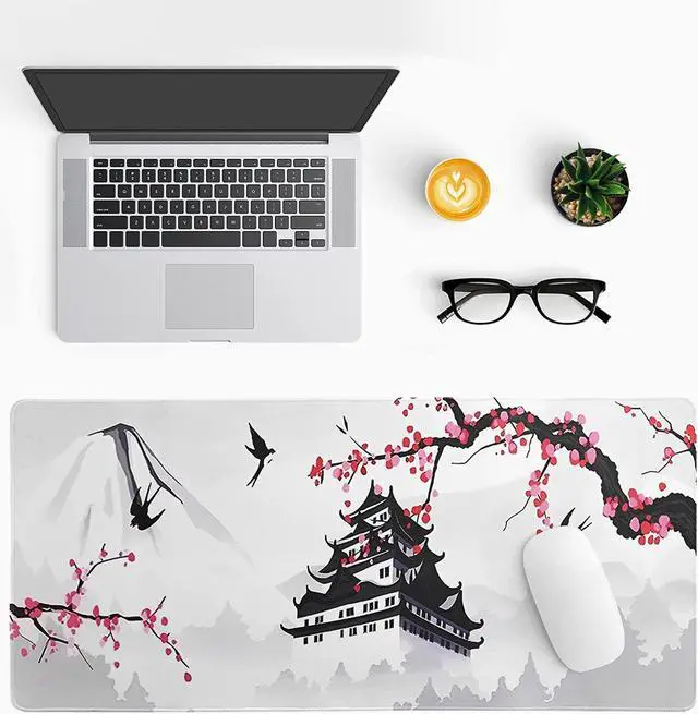 Alt view image 2 of 7 - Japanese Cherry Blossom Gaming Mouse Pad 31.5 X 11.8 Inch Japanese Pagoda Sakura White Anime Large Mousepad Non-Slip Rubber Base Stitched Edges Keyboard Mouse Mat Desk Pad for Office Home Game