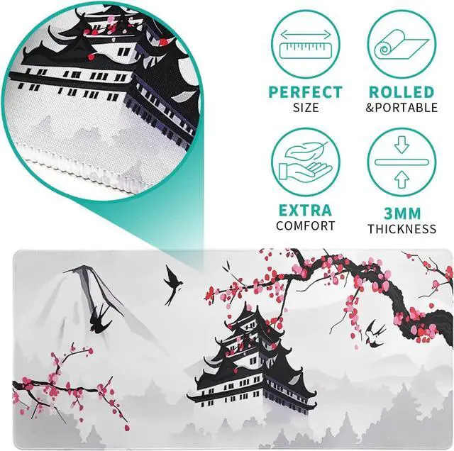Alt view image 6 of 7 - Japanese Cherry Blossom Gaming Mouse Pad 31.5 X 11.8 Inch Japanese Pagoda Sakura White Anime Large Mousepad Non-Slip Rubber Base Stitched Edges Keyboard Mouse Mat Desk Pad for Office Home Game