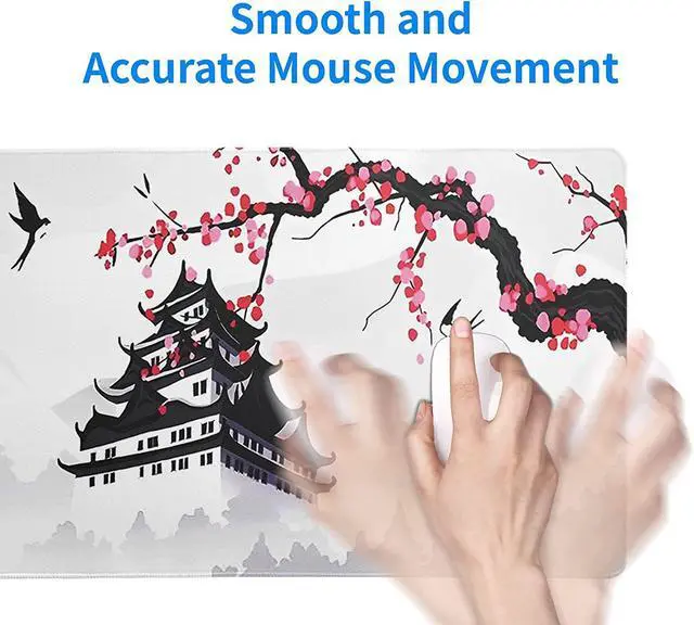 Alt view image 7 of 7 - Japanese Cherry Blossom Gaming Mouse Pad 31.5 X 11.8 Inch Japanese Pagoda Sakura White Anime Large Mousepad Non-Slip Rubber Base Stitched Edges Keyboard Mouse Mat Desk Pad for Office Home Game