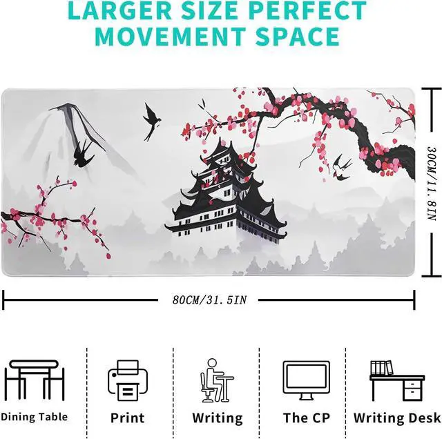 Alt view image 5 of 7 - Japanese Cherry Blossom Gaming Mouse Pad 31.5 X 11.8 Inch Japanese Pagoda Sakura White Anime Large Mousepad Non-Slip Rubber Base Stitched Edges Keyboard Mouse Mat Desk Pad for Office Home Game