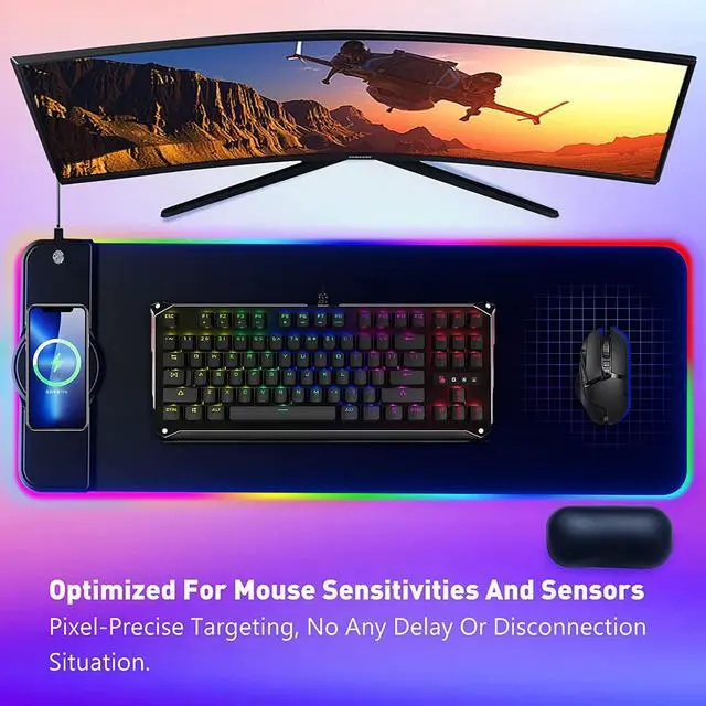 Alt view image 2 of 7 - Gaming Mouse Pad 15W Wireless Charging RGB LED Large Ergonomic Mousepad Gaming with Wrist Support 31.88 12.2 Desk mat/Keyboard pad (Colorful(18W Charger Included))