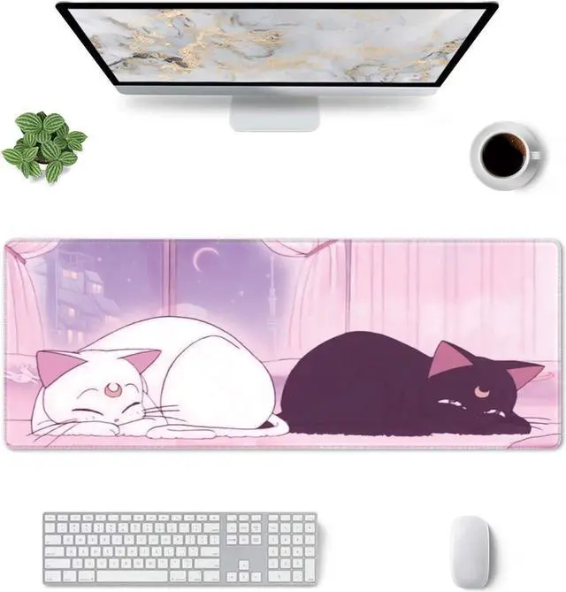 Alt view image 2 of 7 - Pink Desk Pad Anime White Cat Black Cat Gaming Mouse Pad Large Desk Office Decor Exclusive Beautiful Girls Mouse Pad for Women Desktop with Stitched Edges Non-Slip Rubber Computer Mat