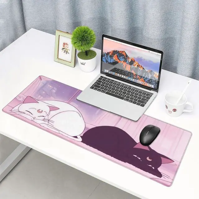 Alt view image 3 of 7 - Pink Desk Pad Anime White Cat Black Cat Gaming Mouse Pad Large Desk Office Decor Exclusive Beautiful Girls Mouse Pad for Women Desktop with Stitched Edges Non-Slip Rubber Computer Mat