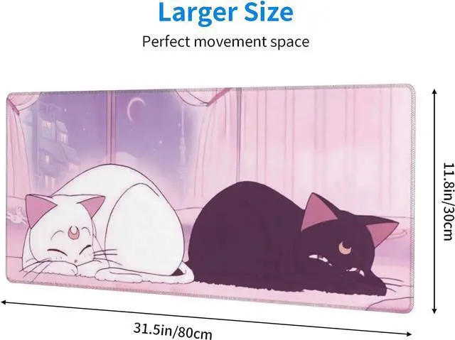 Alt view image 5 of 7 - Pink Desk Pad Anime White Cat Black Cat Gaming Mouse Pad Large Desk Office Decor Exclusive Beautiful Girls Mouse Pad for Women Desktop with Stitched Edges Non-Slip Rubber Computer Mat