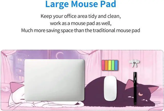 Alt view image 4 of 7 - Pink Desk Pad Anime White Cat Black Cat Gaming Mouse Pad Large Desk Office Decor Exclusive Beautiful Girls Mouse Pad for Women Desktop with Stitched Edges Non-Slip Rubber Computer Mat