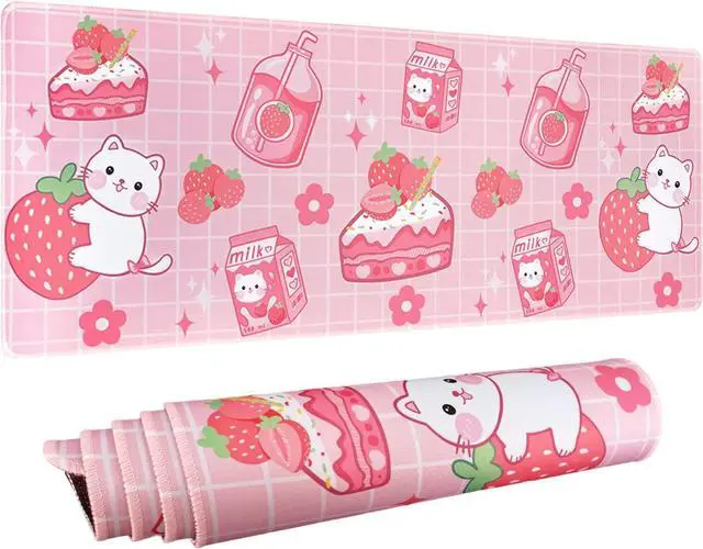 Main image of Kawaii Gaming Mouse Pad, Extended Large Cat Strawberry Milk, Pink, 31.5 X 11.8 Inch