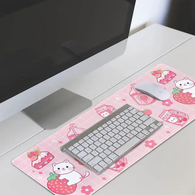 Alt view image 4 of 7 - Kawaii Gaming Mouse Pad, Extended Large Cat Strawberry Milk, Pink, 31.5 X 11.8 Inch