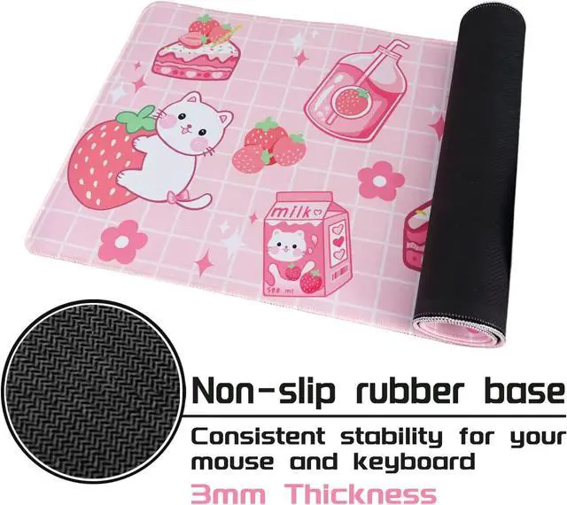 Alt view image 3 of 7 - Kawaii Gaming Mouse Pad, Extended Large Cat Strawberry Milk, Pink, 31.5 X 11.8 Inch