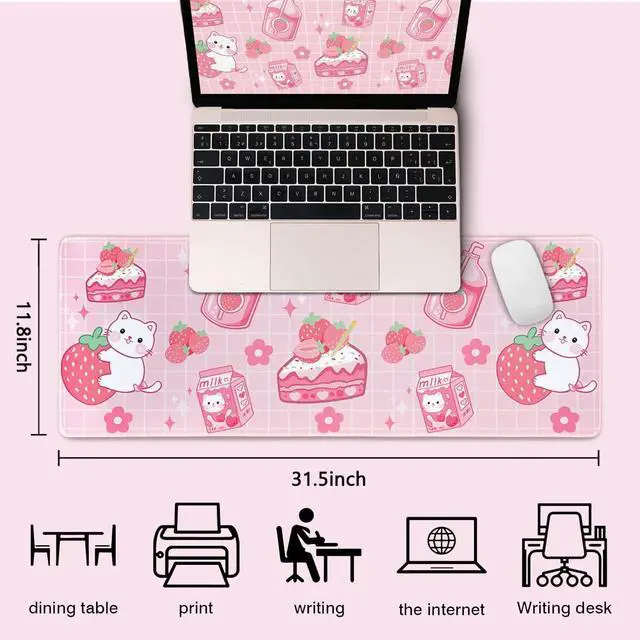 Alt view image 6 of 7 - Kawaii Gaming Mouse Pad, Extended Large Cat Strawberry Milk, Pink, 31.5 X 11.8 Inch