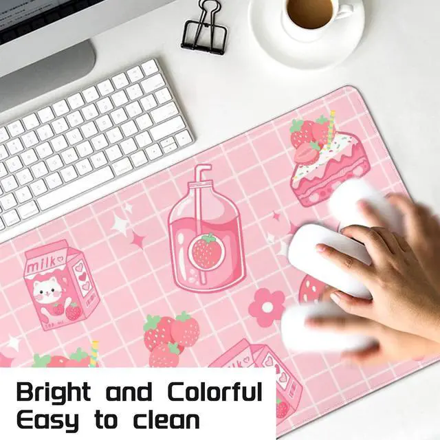 Alt view image 7 of 7 - Kawaii Gaming Mouse Pad, Extended Large Cat Strawberry Milk, Pink, 31.5 X 11.8 Inch
