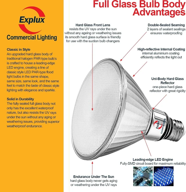 Alt view image 3 of 5 - Explux Full Glass PAR38 Outdoor Flood Light, 250W Equivalent, 5000K, 4-Pack