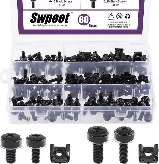 Swpeet 80Packs 4 Sizes M5 M6 Black Computer Mount Cage Nuts and Screws with  Metal 