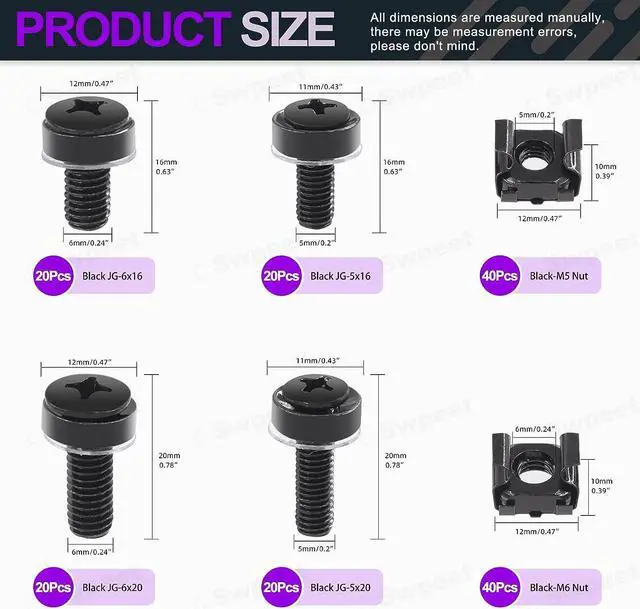 Alt view image 2 of 7 - Swpeet 80Packs 4 Sizes M5 M6 Black Computer Mount Cage Nuts and Screws with Metal & Plastic Washers Assortment Kit, Square Hole Hardware Cage Nuts & Mounting Screws Washers, Welcome to consult