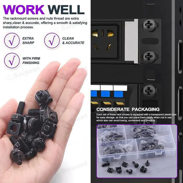 Alt view image 6 of 7 - Swpeet 80Packs 4 Sizes M5 M6 Black Computer Mount Cage Nuts and Screws with Metal & Plastic Washers Assortment Kit, Square Hole Hardware Cage Nuts & Mounting Screws Washers, Welcome to consult