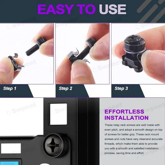 Alt view image 5 of 7 - Swpeet 80Packs 4 Sizes M5 M6 Black Computer Mount Cage Nuts and Screws with Metal & Plastic Washers Assortment Kit, Square Hole Hardware Cage Nuts & Mounting Screws Washers, Welcome to consult