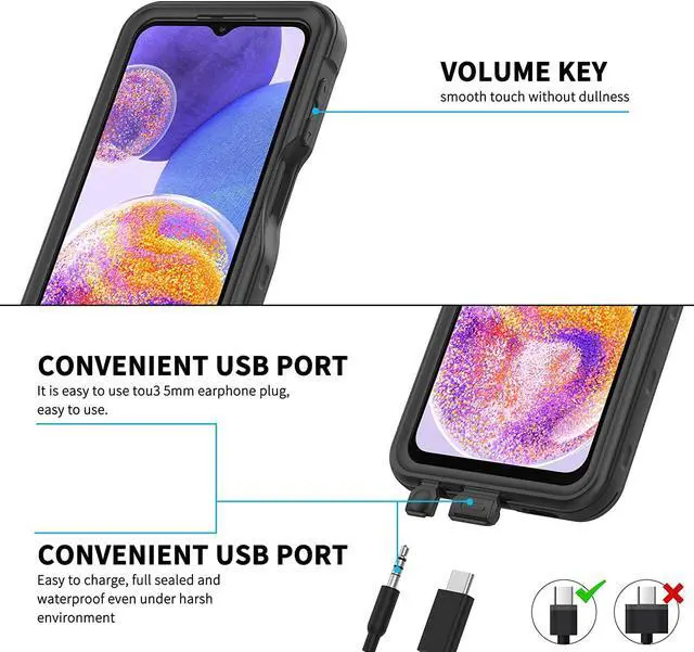 Alt view image 4 of 7 - for Samsung Galaxy A23 5G Case, Waterproof Phone Case with Built-in Screen Protector and Lanyard, Full Body Underwater Dustproof Shockproof Rugged Heavy Duty Protection Cover for Samsung A23 5G Black