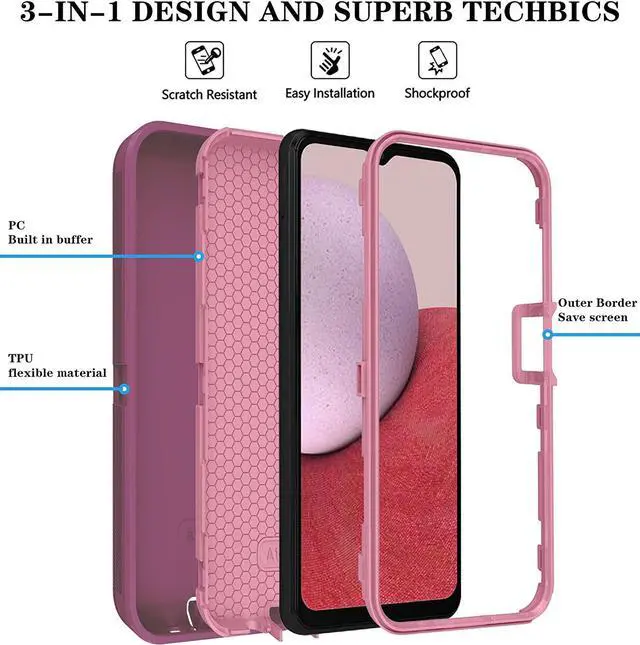 Alt view image 6 of 7 - ONOLA Phone Case Compatible with Samsung Galaxy A14 5G with HD Screen Protector (2 Pack), Durable Shockproof 3-Layer Cover (WineRed Pink)