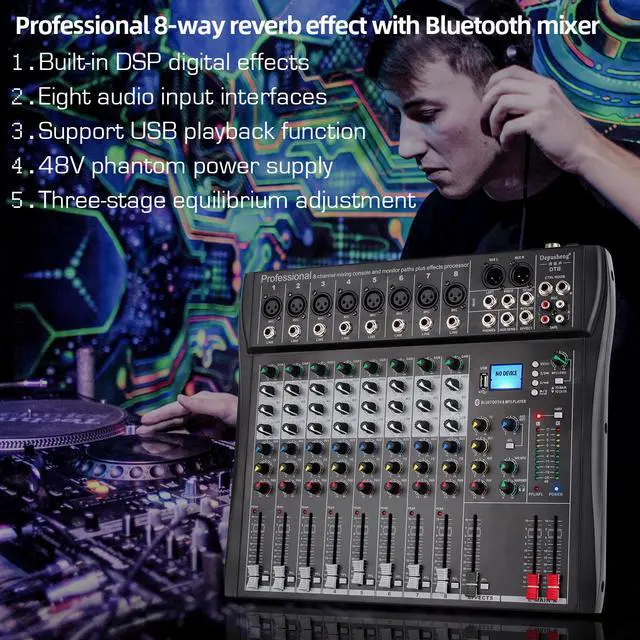Alt view image 7 of 7 - Depusheng DT8 Professional auido mixer 8 channel dj sound mixer console with Bluetooth MP3 input XRL Microphone Jack 48V phantom power supply and USB drive for Computer Recording black