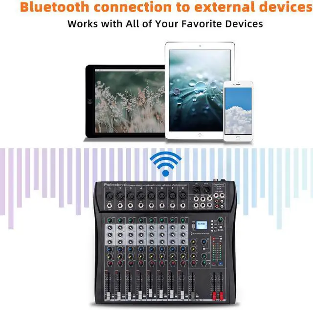 Alt view image 5 of 7 - Depusheng DT8 Professional auido mixer 8 channel dj sound mixer console with Bluetooth MP3 input XRL Microphone Jack 48V phantom power supply and USB drive for Computer Recording black