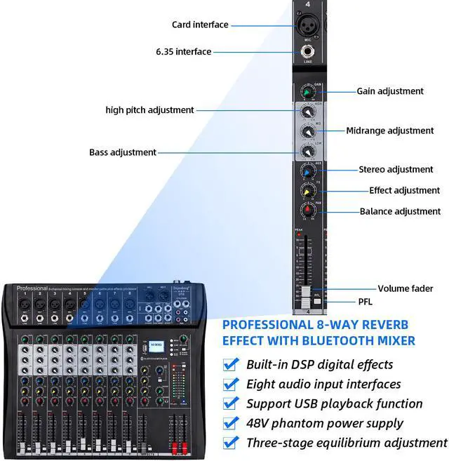 Alt view image 6 of 7 - Depusheng DT8 Professional auido mixer 8 channel dj sound mixer console with Bluetooth MP3 input XRL Microphone Jack 48V phantom power supply and USB drive for Computer Recording black