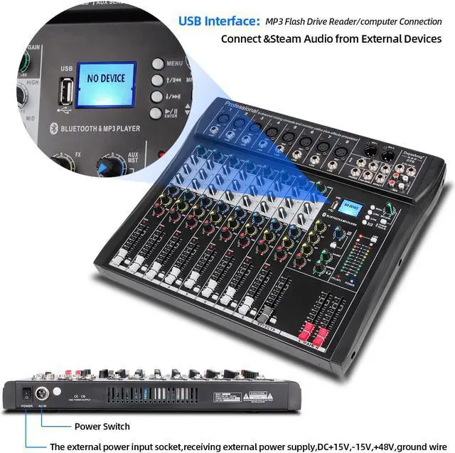 Alt view image 4 of 7 - Depusheng DT8 Professional auido mixer 8 channel dj sound mixer console with Bluetooth MP3 input XRL Microphone Jack 48V phantom power supply and USB drive for Computer Recording black