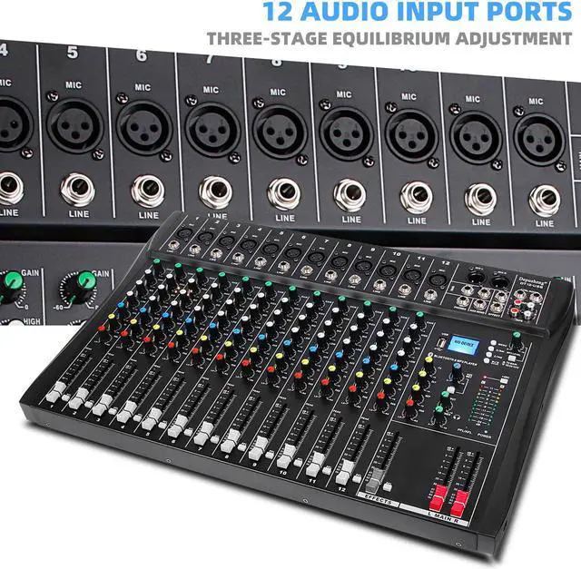 Alt view image 7 of 7 - Depusheng DT12 Professional Audio Mixer 12 Channel DJ Interface mixer console with Bluetooth MP3 input XLR Microphone Jack 48V Power RCA Input Output and USB Drive for Computer Recording black